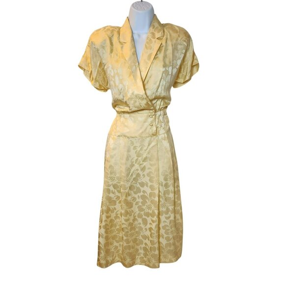 Silk Studio Petites Dress 8 Yellow 100% Silk Floral Midi Shoulder Pads Vintage - Picture 1 of 5